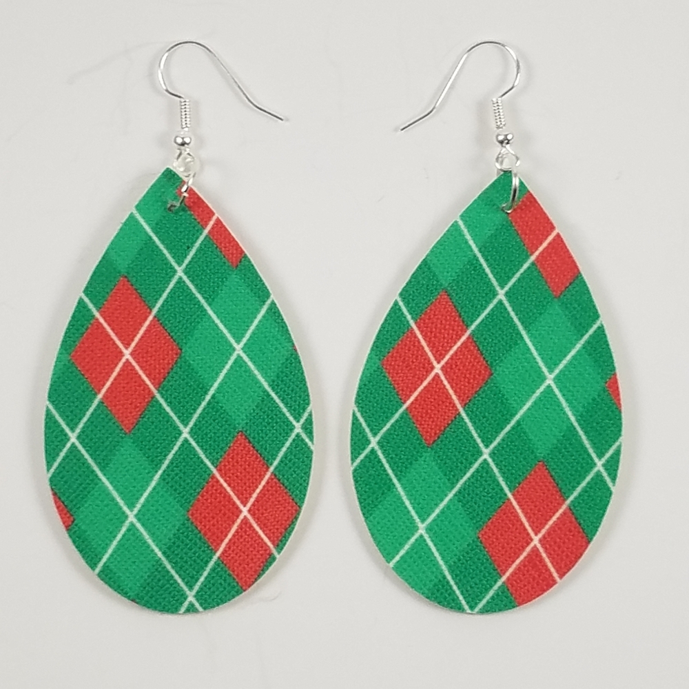 Faux Leather Earrings Christmas Plaid - Picture 1 of 1